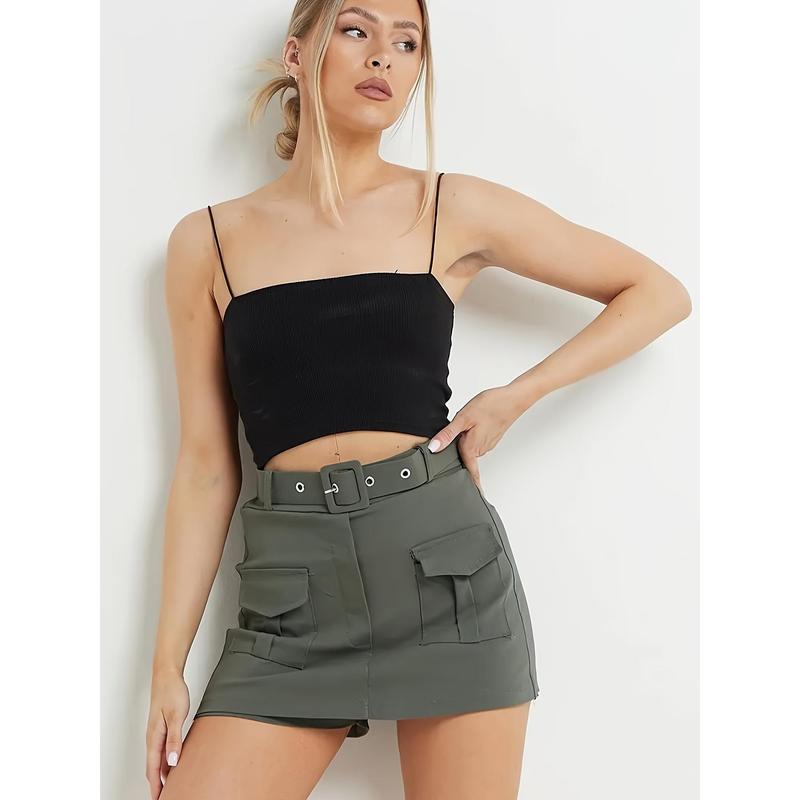 Solid Color High Waist Skort, Casual Flap Pockets Belt Decor Mini Skorts For Spring & Summer, Women's Clothing Womenswear Bottom 2024 christmas ornament