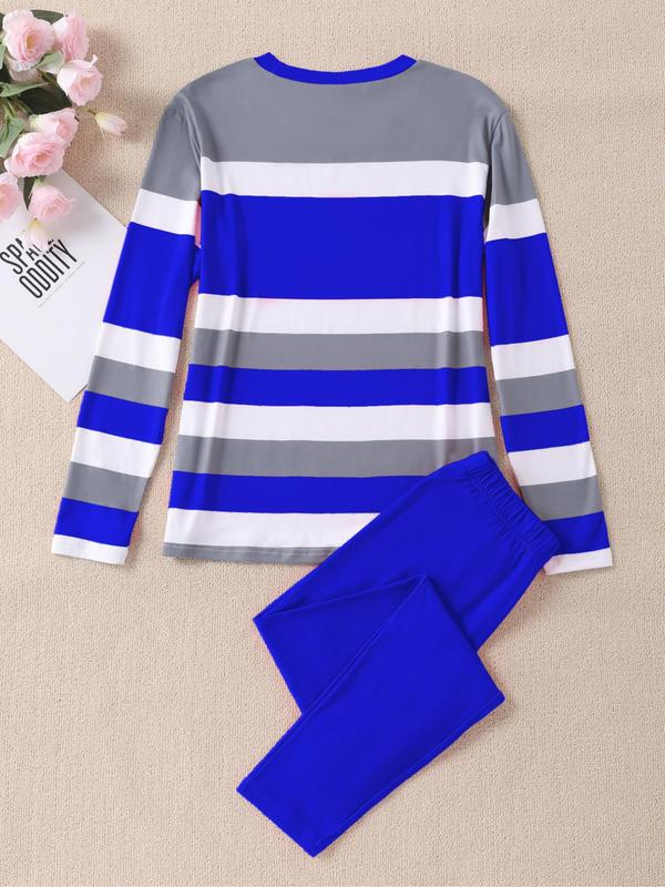 Women's Letter & Striped Print Tee & Solid Elastic Waist Pants Two-piece Set, Casual Round Neck Long Sleeve Top & Trousers Two-piece Set for Fall & Winter, Women's Clothes for Daily Wear