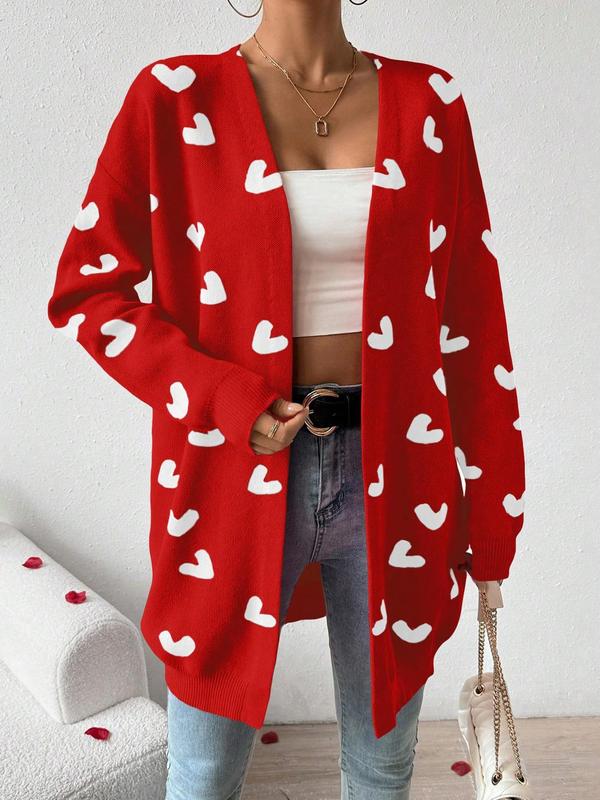 Women's Heart Print Drop Shoulder  Cardigan, Casual Open Front Long Sleeve Knitwear for Fall & Winter, Fashion Ladies' Knit Clothing for Daily Wear