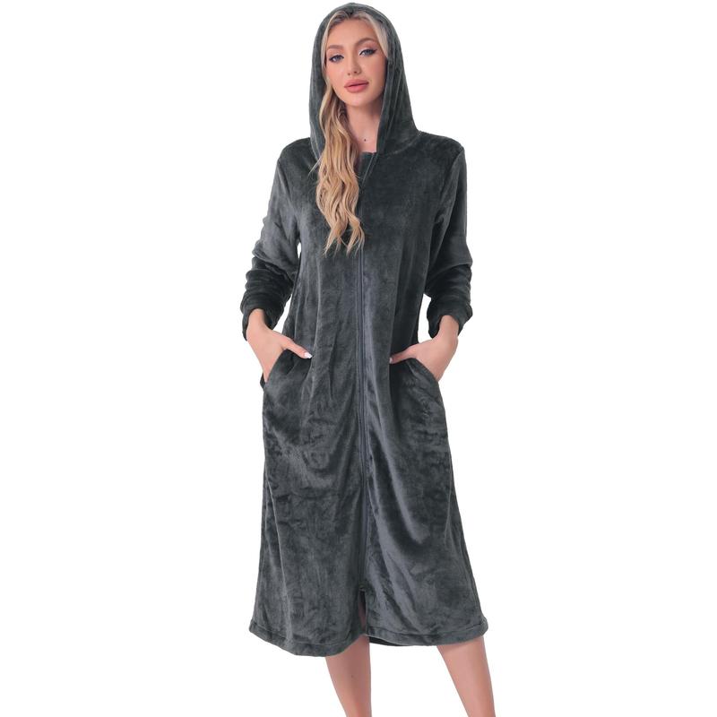 cheibear Womens Flannel Robe Fluffy Plush Long Zip Front Bathrobe with Pockets Warm Zippered Gray