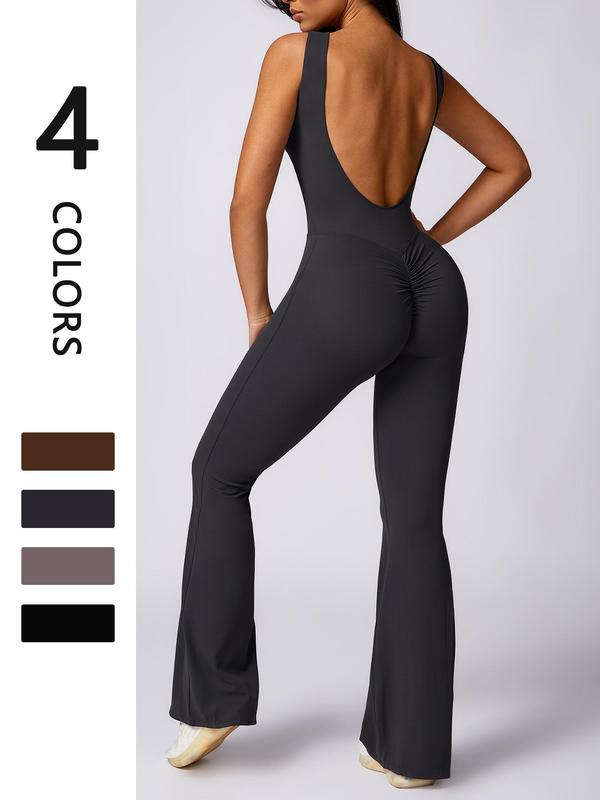 Women's Solid Backless Boat Neck Sports Jumpsuit, Casual Comfy Sleeveless Flare Leg Jumpsuit for Yoga Gym Workout, Ladies Sportswear for All Seasons