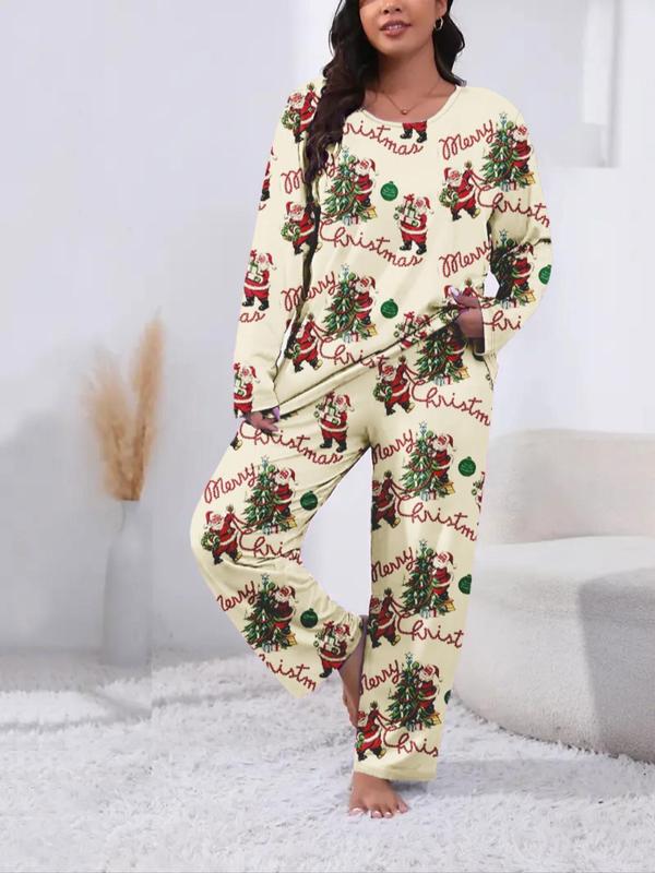  Two-Piece Set Christmas Print Long Sleeve Tee & Elastic Waist Pants Pyjama, Casual Comfy Round Neck Top & Trousers Set, Women's Sleepwear for Spring & Fall