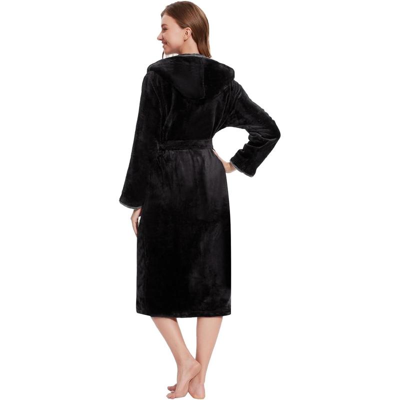 Womens Hooded Robes Plush Bathrobe Long Warm Fleece Robe