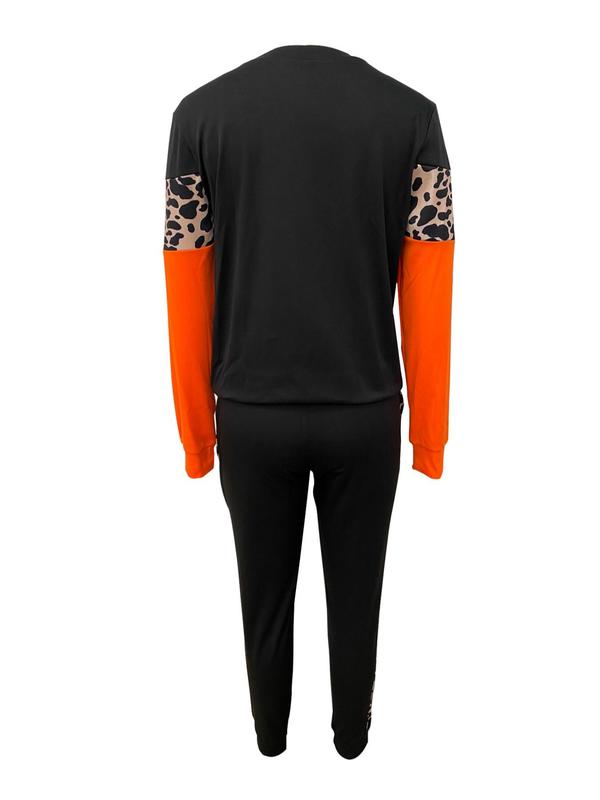 Women's Leopard Patchwork Print Sweatshirt & Elastic Waist Sweatpants Set, Casual Round Neck Long Sleeve Pullover & Pocket Jogger Pants, Women's Spring & Fall Clothes