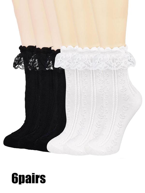 Women's Jacquard Contrast Lace Mid-calf Socks, Sweet Style Casual Soft Comfy Breathable Mid-Calf Socks for Daily Wear, Ladies Socks for All Seasons