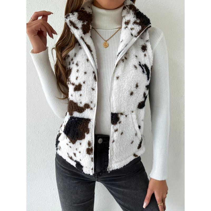 Cow Pattern Plush Zip Up Stand Collar Vest, Casual Sleeveless Slant Pockets Warm Gilet Jacket For Winter & Fall, Women's Clothing