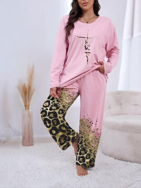  Two-Piece Set Christmas Print Long Sleeve Tee & Elastic Waist Pants Pyjama, Casual Comfy Round Neck Top & Trousers Set, Women's Sleepwear for Spring & Fall