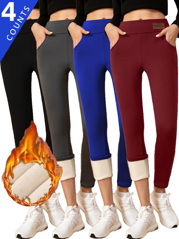 4 Pcs  Plush Lined Thermal Pants,Running Pants with Pockets ,Soft & Comfy Slim Elastic Tights For Winter, Women's Lingerie & Sleepwear