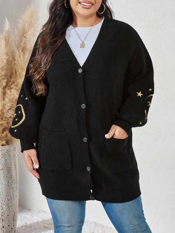 Christmas Deals, CURVZY Plus Size Moon & Star Embroidery Button Front Cardigan, Casual Drop Shoulder Long Sleeve Pocket Cardigan, Christmas 2024 Trend, Christmas Clothes, Fall&Winter Clothes, Christmas Gift Ideas