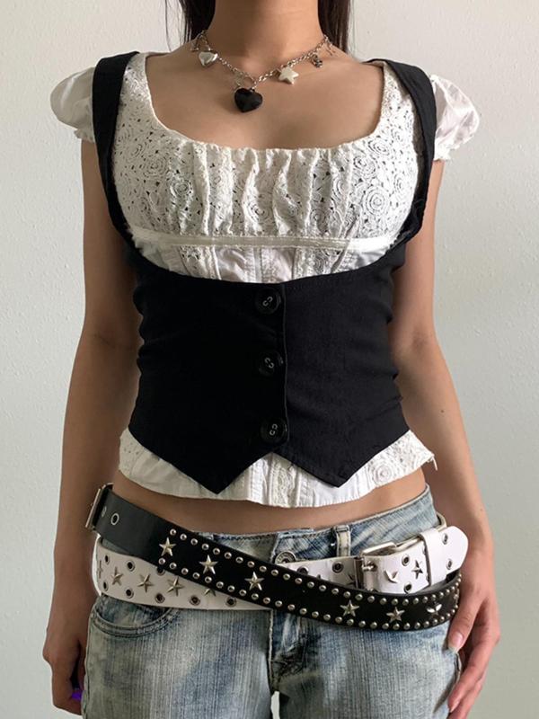 Women's Vintage Button Front Crop Vest Top, Punk Retro Sleeveless Top for Daily Outdoor Wear, Femboy Sissy Goth Outfit, Women's Tops for Summer Spring Fall Y2K