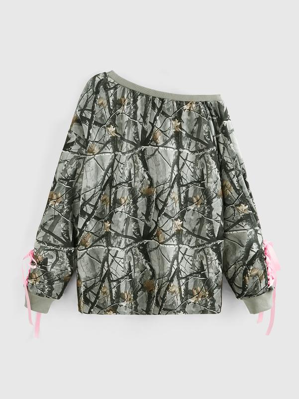 ROMWE J-Fashion Y2K Camouflage Print Letter Embroidery Bow-Tie Asymmetric Collar Sweatshirt