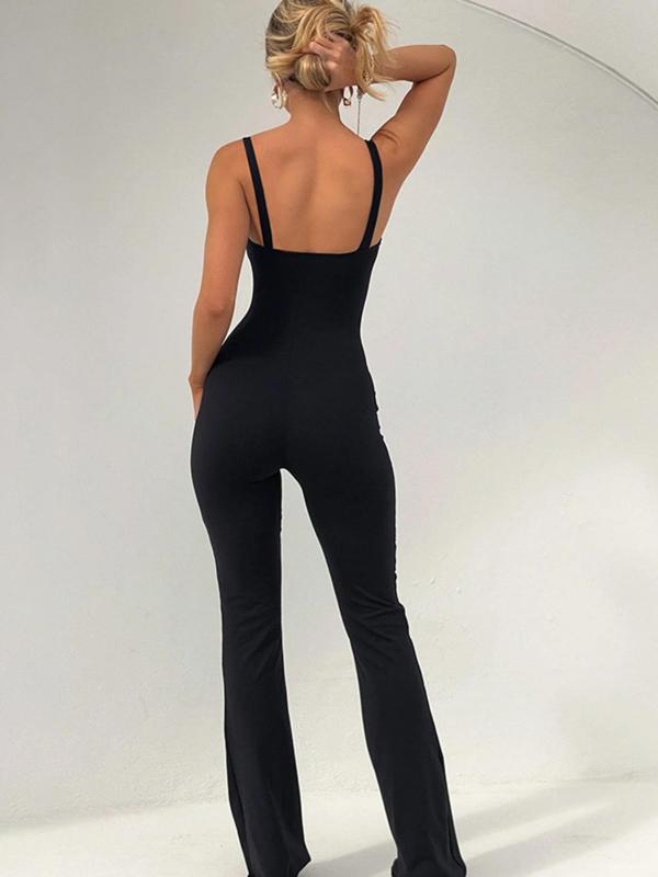 Women's Contrast Lace Backless Cami Jumpsuit, Casual Tie Front Flare Leg Jumpsuit for Summer, Fashion Women's Clothing for Daily Wear