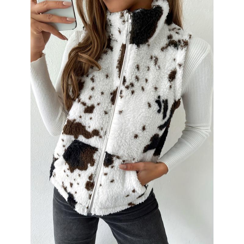 Cow Pattern Plush Zip Up Stand Collar Vest, Casual Sleeveless Slant Pockets Warm Gilet Jacket For Winter & Fall, Women's Clothing