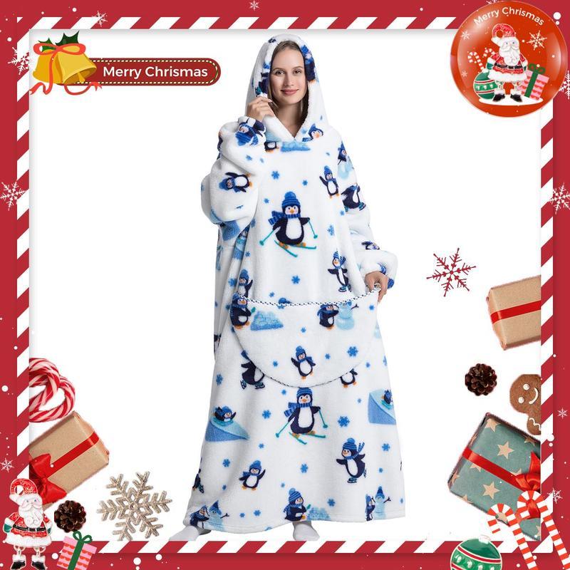 [Free shipping on 2 items] Cute Cartoon Pattern Wearable Hooded Blanket for Women Men, Christmas Gift Oversized Wearable Hooded Blanket Sweatshirt Pullover Loungewear Womenswear Pajamas Large Warm and Cozy With Large Pocket