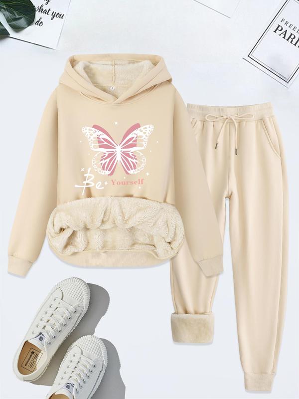 Women's Butterfly Print Thermal Lined Hoodie & Drawstring Waist Pants Two-piece Set, Casual Long Sleeve Hooded Sweatshirt & Pocket Trousers for Fall & Winter, Women's Clothes for Daily Wear