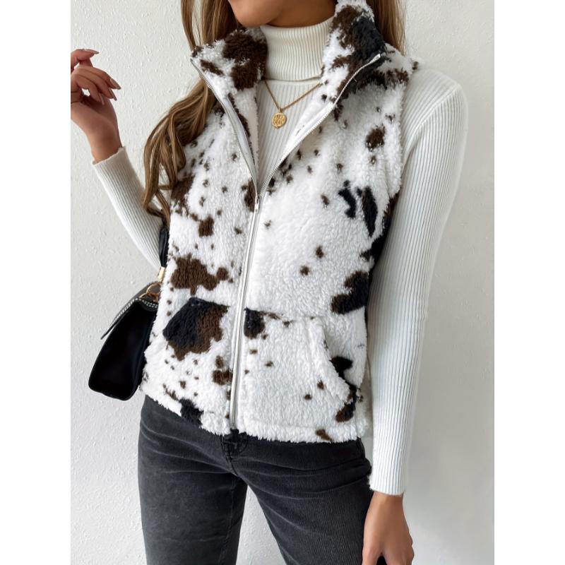 Cow Pattern Plush Zip Up Stand Collar Vest, Casual Sleeveless Slant Pockets Warm Gilet Jacket For Winter & Fall, Women's Clothing