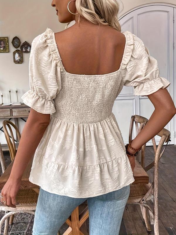 Women's Textured Frill Trim Shirred Puff Sleeve Blouse, Elegant Square Neck Short Sleeve Top for Fall, Basic Tops Ladies Clothes for Daily Wear Back To School for Birthday Gifts