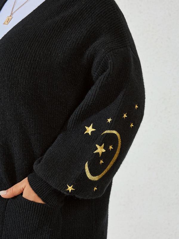 Christmas Deals, CURVZY Plus Size Moon & Star Embroidery Button Front Cardigan, Casual Drop Shoulder Long Sleeve Pocket Cardigan, Christmas 2024 Trend, Christmas Clothes, Fall&Winter Clothes, Christmas Gift Ideas