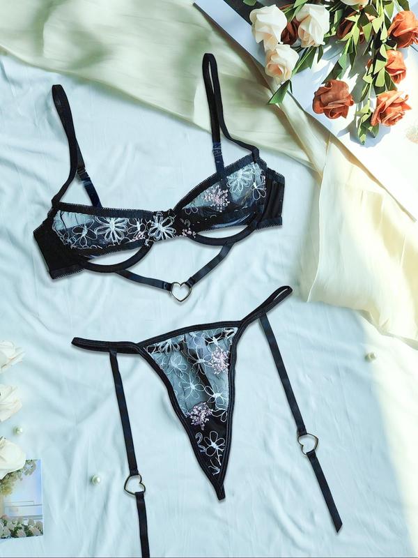 Women's Floral Lace Decor Bra & Thong Sexy Lingerie Set, Sexy Comfy Breathable Underwear Set for Women, Women's Lingerie & Underwear for All Seasons