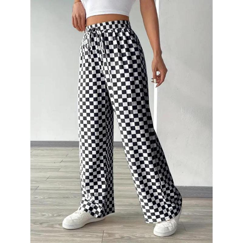 Women's All Over Checkerboard Print Drawstring Waist Straight Leg Pants, Casual Comfy High Waist Trousers for Daily Wear, Ladies Bottoms for All Seasons Womenswear Comfort