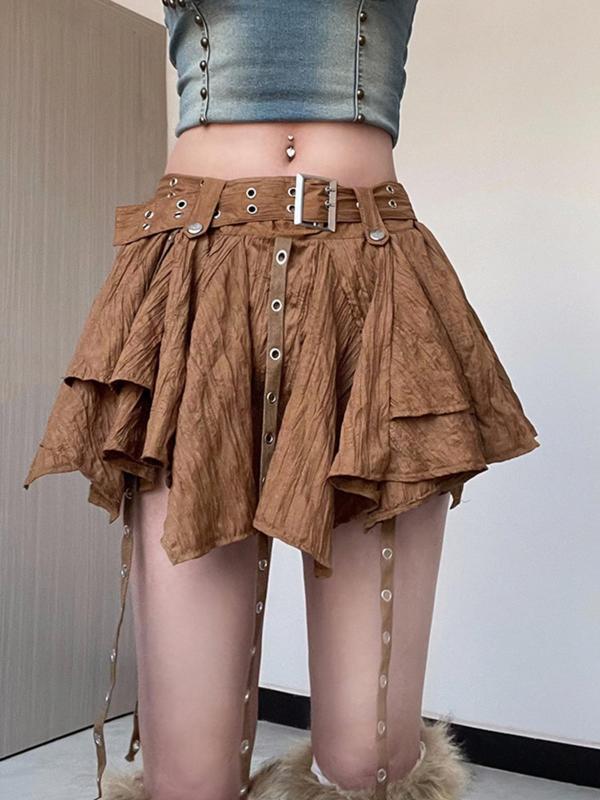 Women's Grommet Eyelet Decor Belted Asymmetrical Hem Skirt, Fashion Casual Mini Skirt for Daily Outdoor Wear, Ladies Bottoms for All Seasons