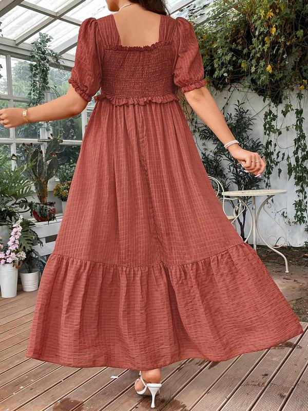  Frill Trim Puff Sleeve Shirred Vintage Dress, Elegant Short Sleeve Square Neck Dress, Dresses for Women, Summer Dresses 2024, Women's Plus Clothing for Beach Holiday, Plus Size Women's Clothing, Fall Wedding Guest Dress