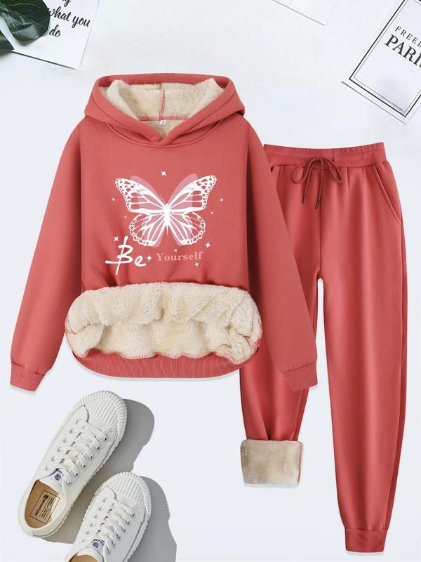 Women's Butterfly Print Thermal Lined Hoodie & Drawstring Waist Pants Two-piece Set, Casual Long Sleeve Hooded Sweatshirt & Pocket Trousers for Fall & Winter, Women's Clothes for Daily Wear