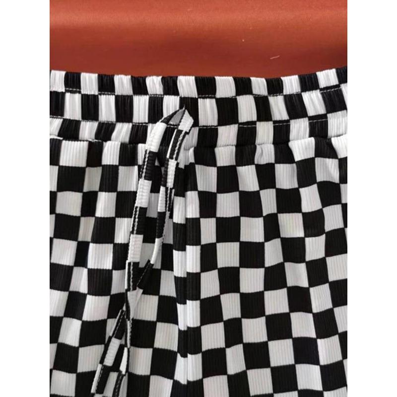 Women's All Over Checkerboard Print Drawstring Waist Straight Leg Pants, Casual Comfy High Waist Trousers for Daily Wear, Ladies Bottoms for All Seasons Womenswear Comfort