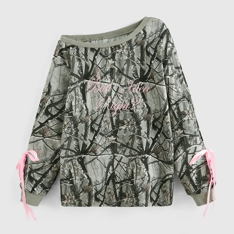 ROMWE J-Fashion Y2K Camouflage Print Letter Embroidery Bow-Tie Asymmetric Collar Sweatshirt