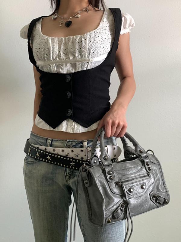 Women's Vintage Button Front Crop Vest Top, Punk Retro Sleeveless Top for Daily Outdoor Wear, Femboy Sissy Goth Outfit, Women's Tops for Summer Spring Fall Y2K