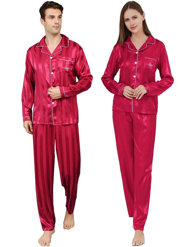 Couple's 2pcs Button Front Pocket Lapel Shirt & Pants Silk Cloth Loungewear PJ Set, 2 Piece Set Casual Comfortable Pajama Set, Sleepwear for Men & Women, Satin Sleepwear Set