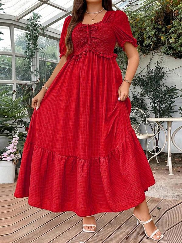  Frill Trim Puff Sleeve Shirred Vintage Dress, Elegant Short Sleeve Square Neck Dress, Dresses for Women, Summer Dresses 2024, Women's Plus Clothing for Beach Holiday, Plus Size Women's Clothing, Fall Wedding Guest Dress