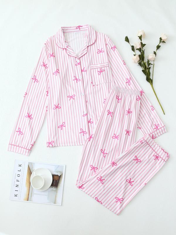 Two-Piece Set Women's All Over Bow Print Button Front Shirt & Pants Pyjama, Casual Comfy Long Sleeve Lapel Neck Top & Trousers PJ Set, Women's Sleepwear for Spring & Fall