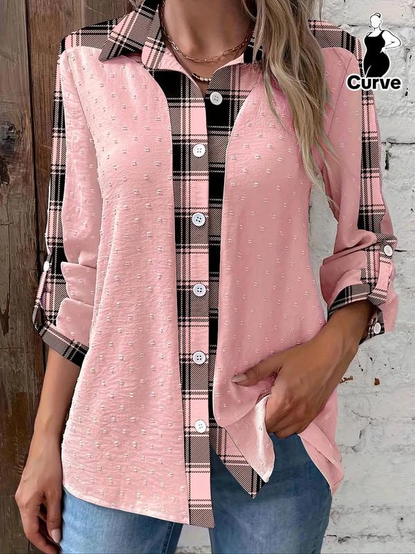 Plus Patchwork & Plaid Print Button Front Swiss Dot Blouse, Comfort Womenswear for Lady, Mean Girls Shirt Casual Long Sleeve Collared Top for Spring & Fall, Women's Clothes