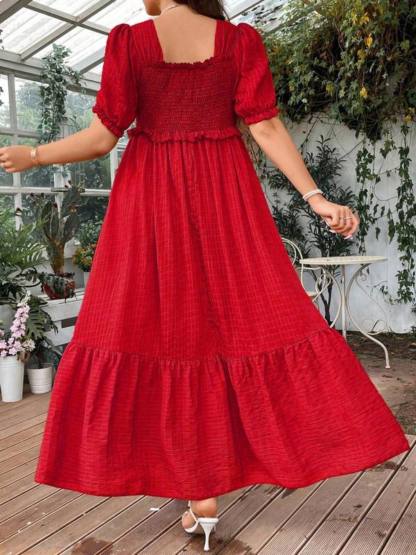  Frill Trim Puff Sleeve Shirred Vintage Dress, Elegant Short Sleeve Square Neck Dress, Dresses for Women, Summer Dresses 2024, Women's Plus Clothing for Beach Holiday, Plus Size Women's Clothing, Fall Wedding Guest Dress