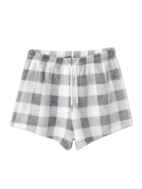 Women's Plaid Print Drawstring Waist Sleep Shorts, Fall Wear, Fallfreshness, Casual Comfy Flannel Sleep Bottoms for Fall & Winter, Women Sleepwear for Indoor Wear