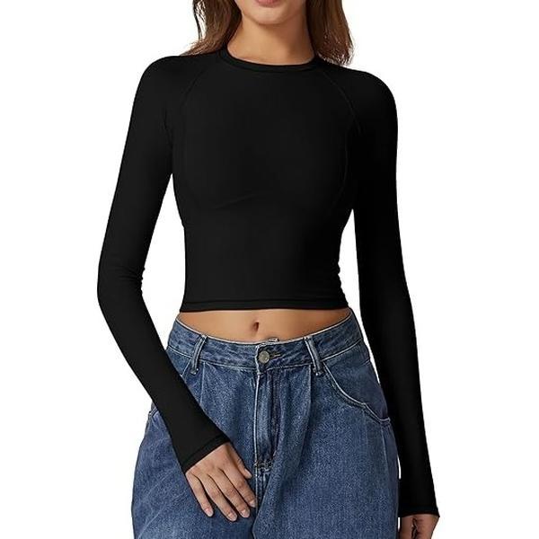 QINSEN Women's Crewneck Long Sleeve Shirts Double Lined Fitted Crop Top Seam Cup Going Out Tops