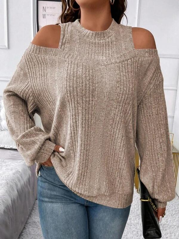 Women's Plain Cut Out Cold Shoulder Sweater, Casual Drop Shoulder Long Sleeve Jumper for Fall & Winter, Women's Knitwear for Daily Wear