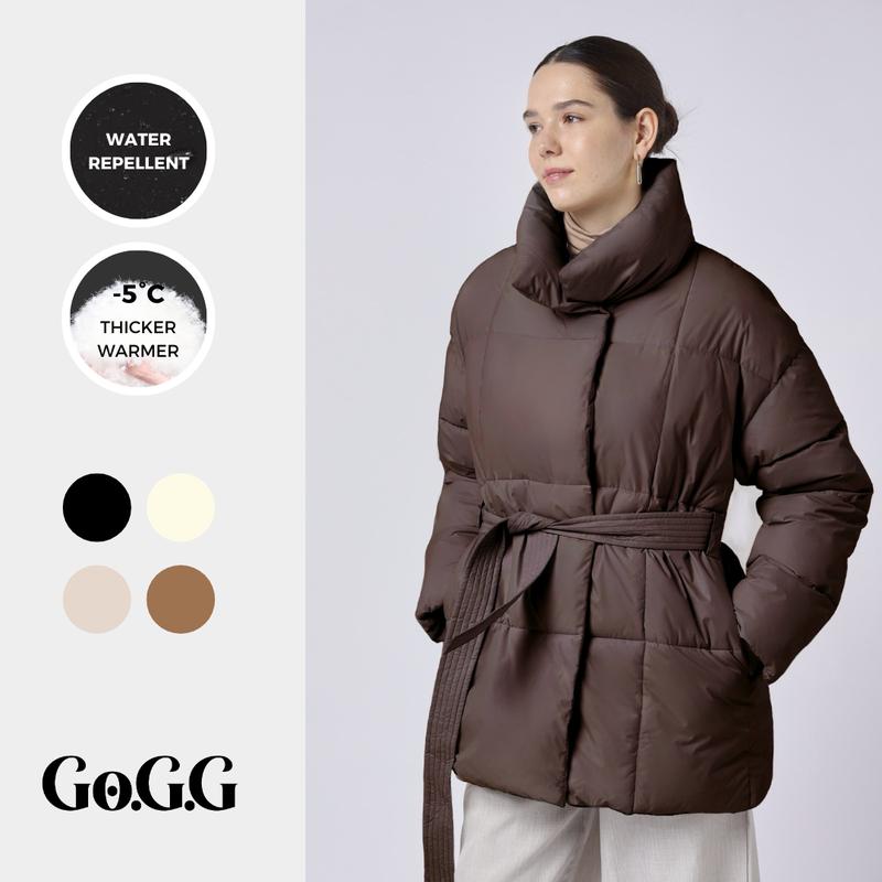 Go.G.G Mid Length Belted Puffer Jacket Womenswear Coats, Winter Warm Classic Solid Color Quilted Outerwear Tops, Button Front Full Zip Long Sleeve Coats for Women with Deep Pockets