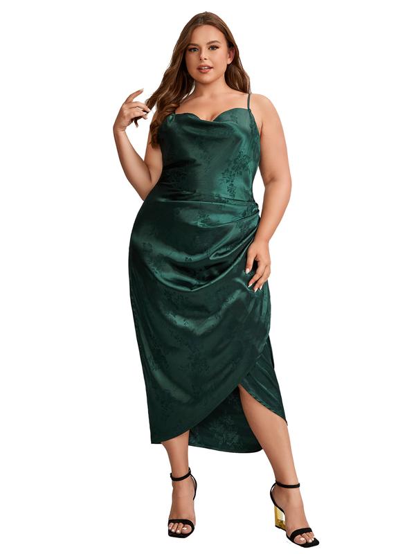 Plus Size Satin Spaghetti Strap Cowl Neck Wrap Party Cami Dress