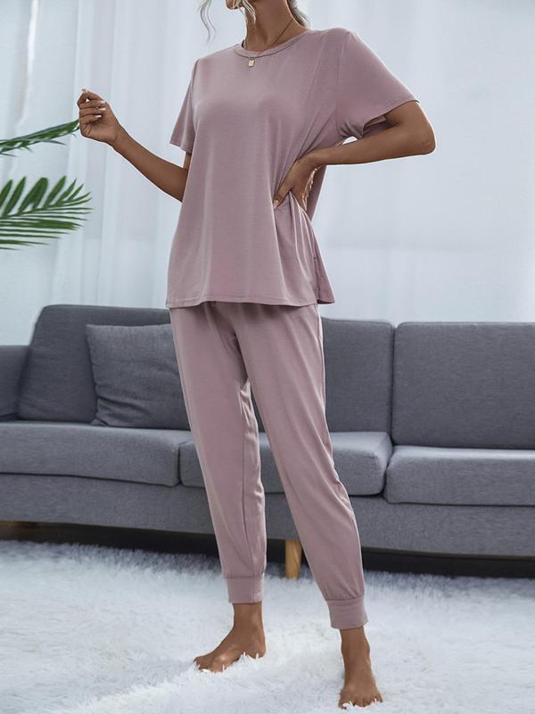 Two-Piece Set Women's Solid Color Round Neck Tee & Pocket Tie Front Pants Set, Casual Short Sleeve T-Shirt & Trousers for Daily Wear, Ladies Two-Piece Outfits for All Seasons