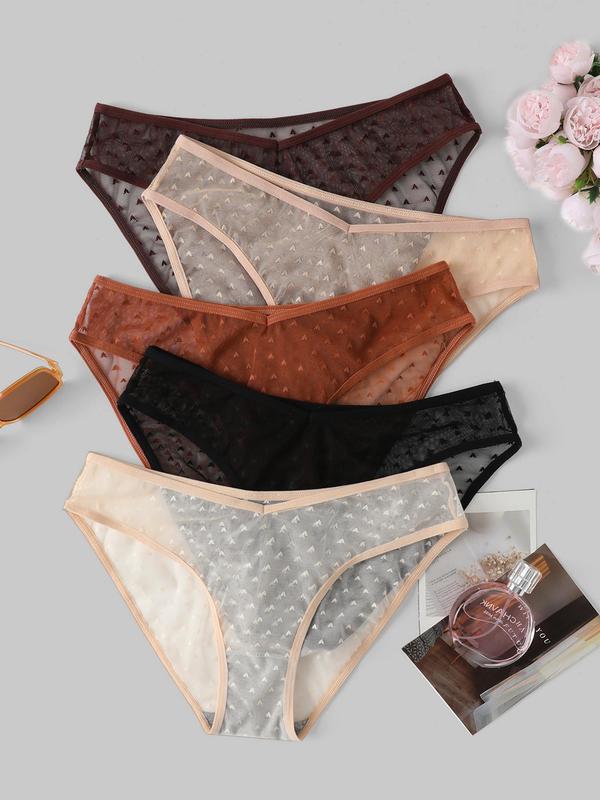 Women's 5pcs Heart Print Contrast Mesh V-waist Knicker, Soft Comfy Breathable Panty for Daily Wear, Underwear for All Seasons