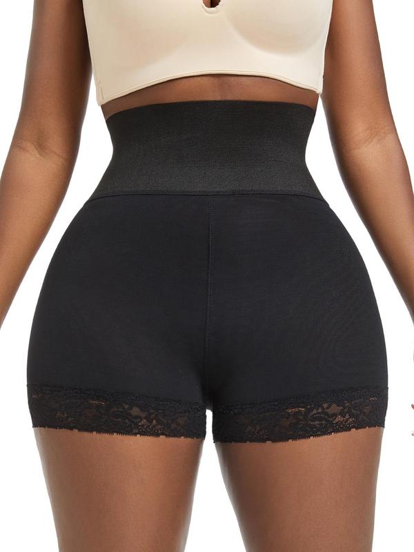 Women's Solid Contrast Lace High Waist Shapewear Shorts, Casual Stretchy Tummy Control Shapewear Shorts, Ladies Shapewear Bottoms