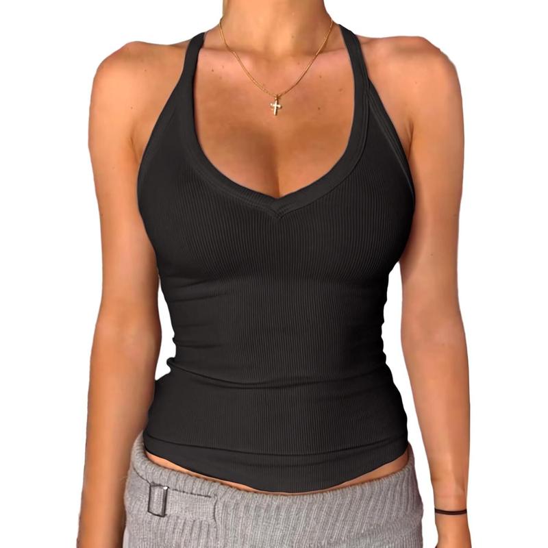 V Neck Racer Back Tank Top for Women Padded Ribbed Long Tank Fitted Basic Cami Tops