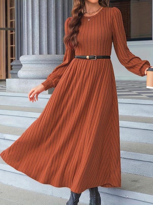 Women's Striped Print Long Sleeve Dress, Elegant Casual Ribbed Long Dress for Fall & Winter, Women's Clothing for Daily Wear