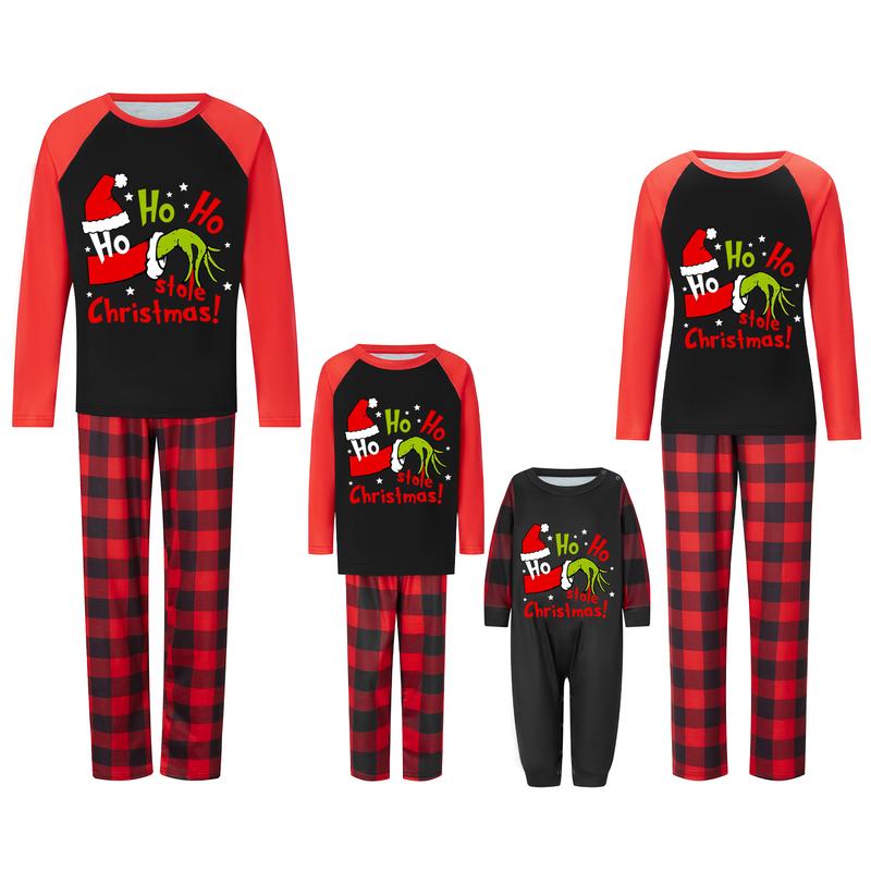 Family Matching Christmas Pajamas, Baby Romper Dog Clothes Letter Green Monster Hand Print Tops and Plaid Pants Sleepwear Set