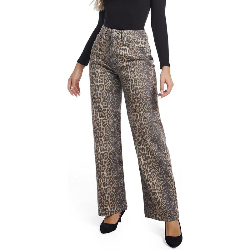 Women's Jeans Straight Leg Casual High Waisted Stretch Trendy Leopard Pull On Jeans for Women