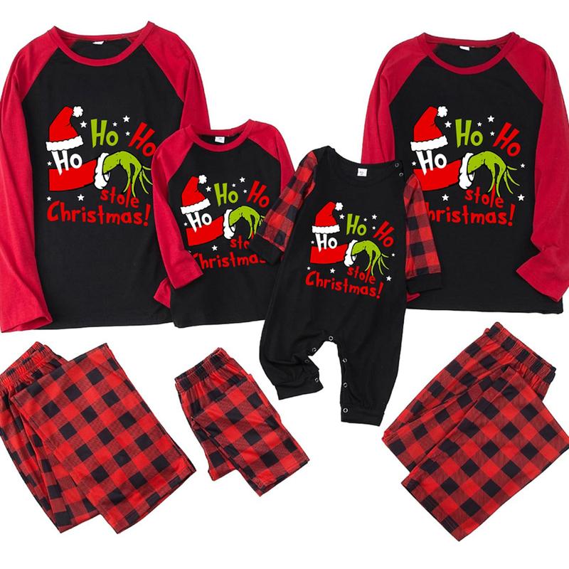 Family Matching Christmas Pajamas, Baby Romper Dog Clothes Letter Green Monster Hand Print Tops and Plaid Pants Sleepwear Set