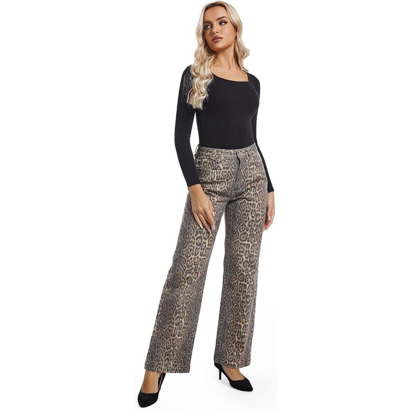 Women's Jeans Straight Leg Casual High Waisted Stretch Trendy Leopard Pull On Jeans for Women