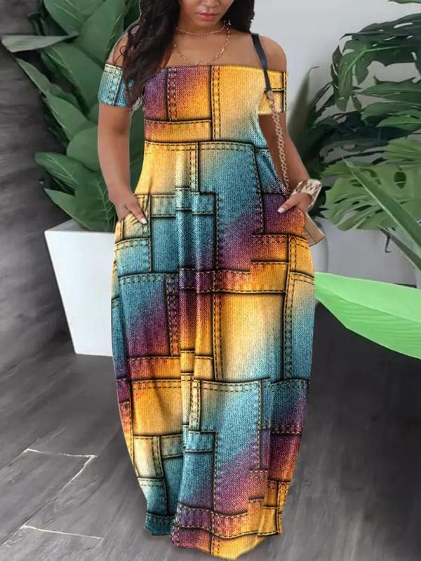  All Over Print Off Shoulder Camo Dress, Casual Loose Short Sleeve Long Dress for Summer, Back To School Outfits, Dresses for Women, Summer Dresses 2024, Women's Clothes for Daily Wear, Plus Size Fall Outfits 2024， Moo Moo Dresses